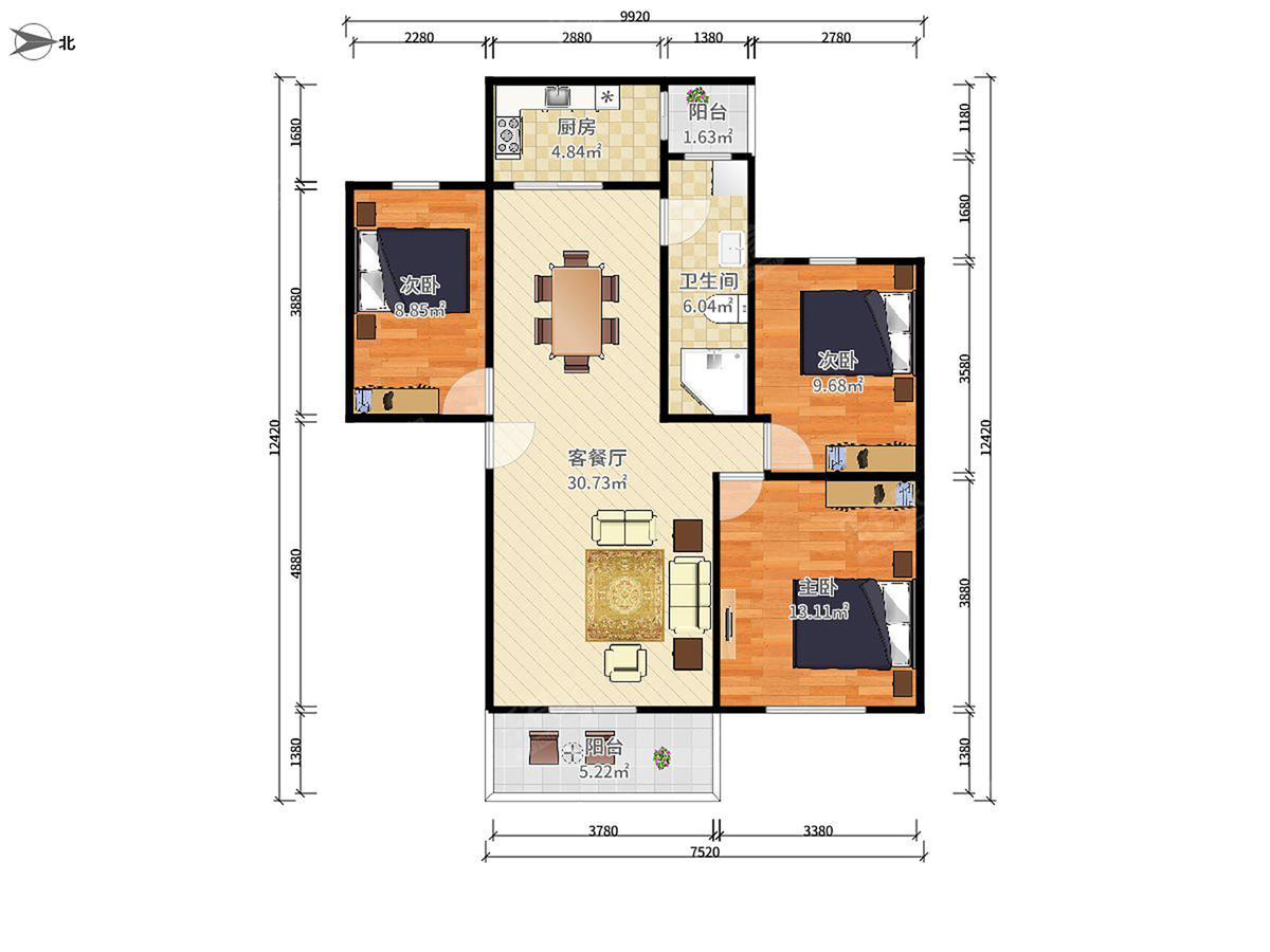 康华苑 3房2厅1卫 92.71㎡