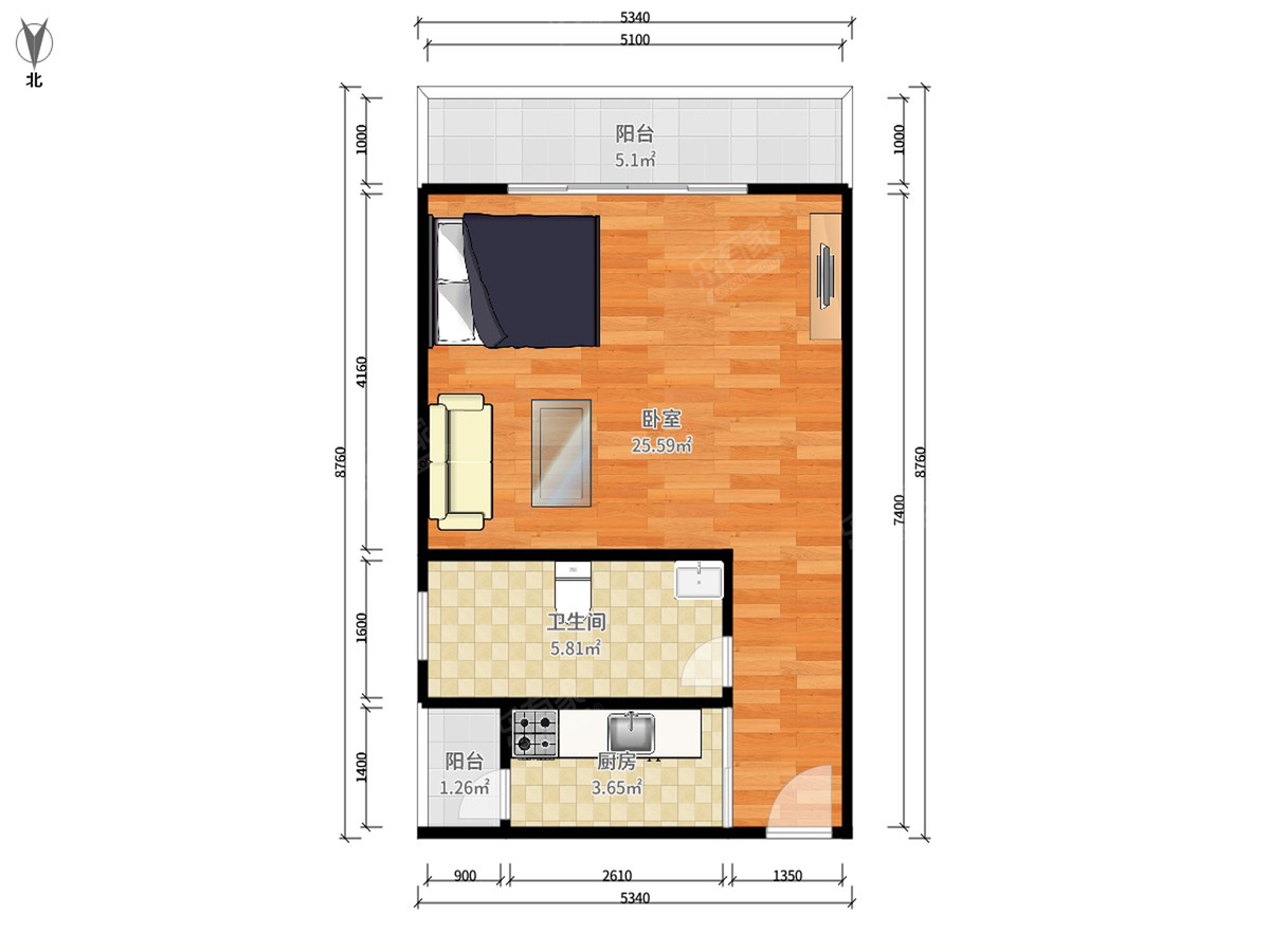 汉邦六六广场 1房0厅1卫 42.72㎡