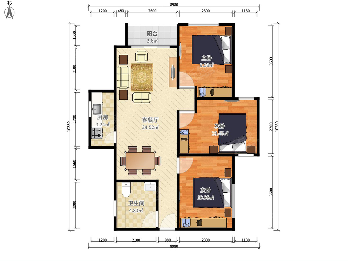 紫玉花园 南 精装 3室 2厅 88.48m² 