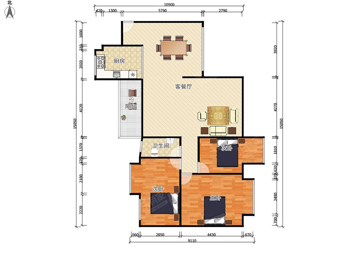 龙城华府 4房2厅2卫 121.56㎡