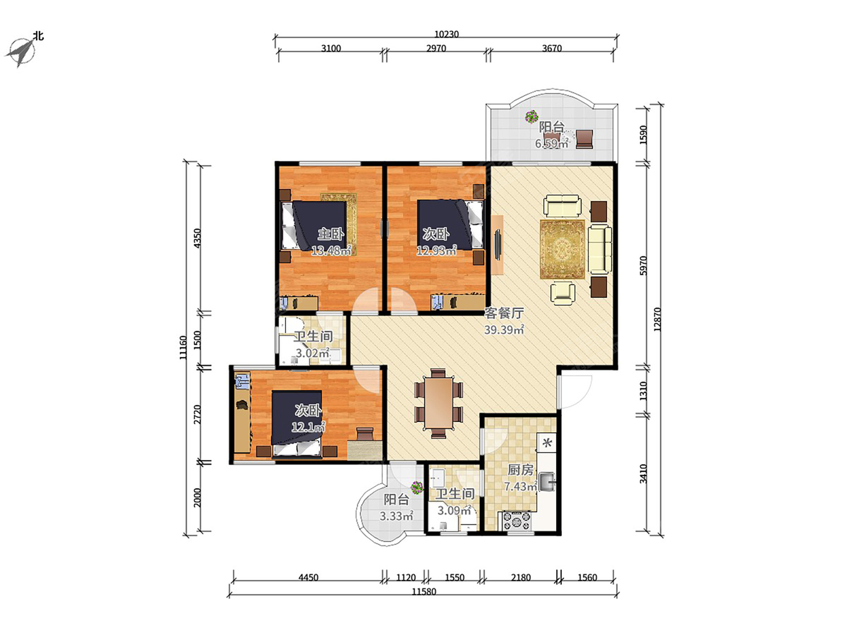 银菊花园 3房2厅2卫 130㎡