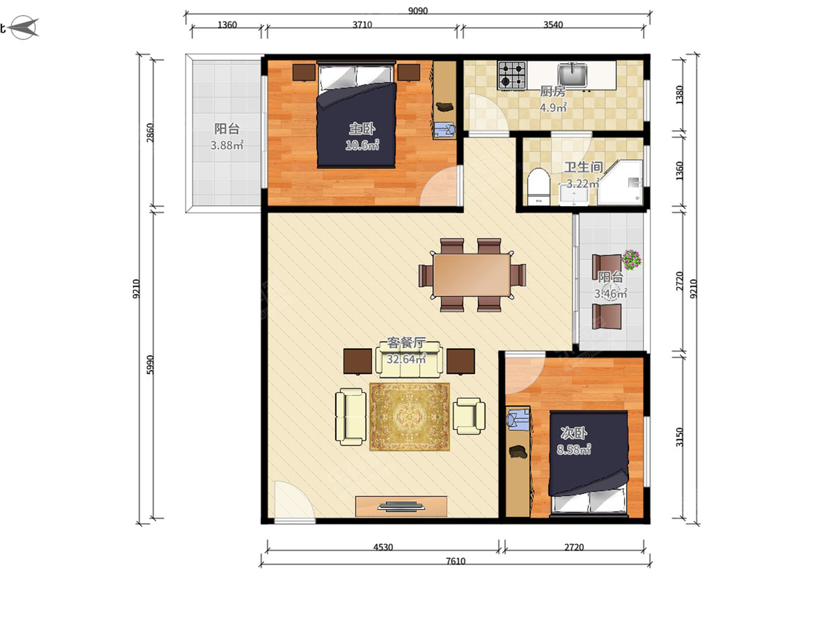 东方广场 2房2厅1卫 92㎡