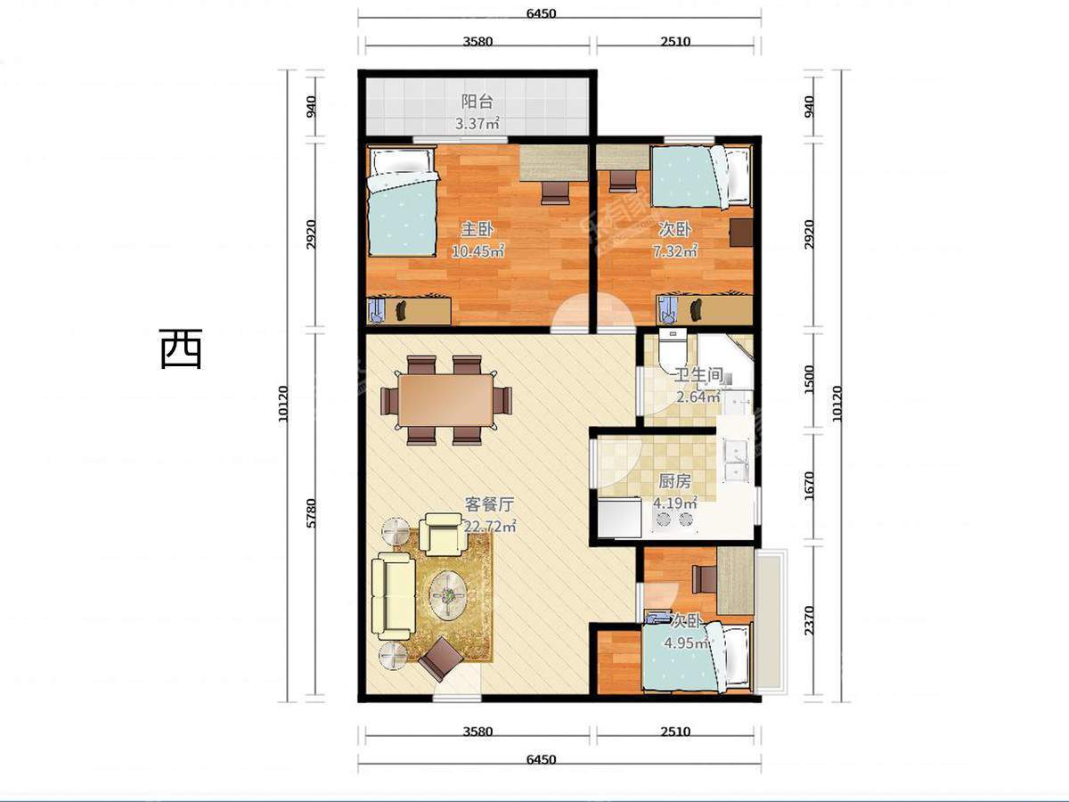 万象新园 3房2厅1卫 87.71㎡