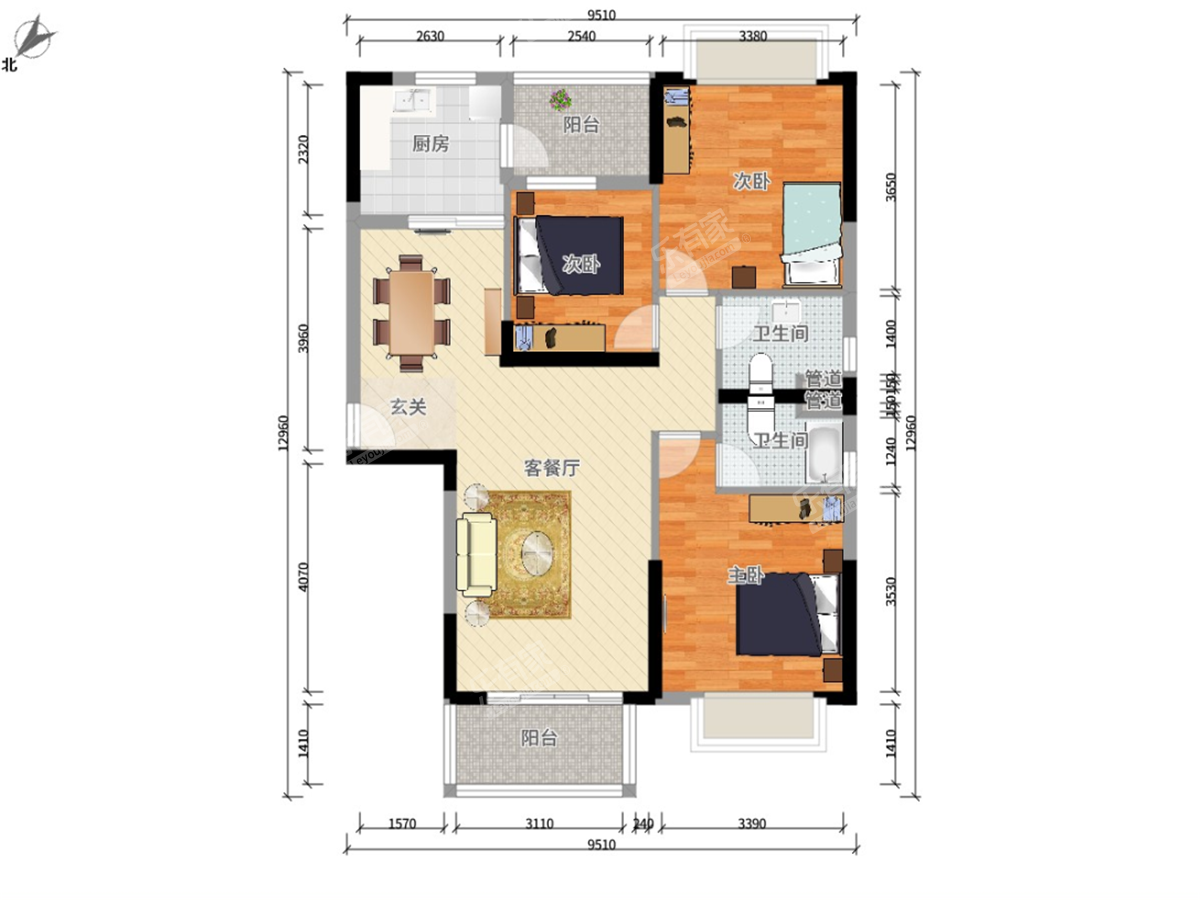 山海名门 3房2厅1卫 119㎡