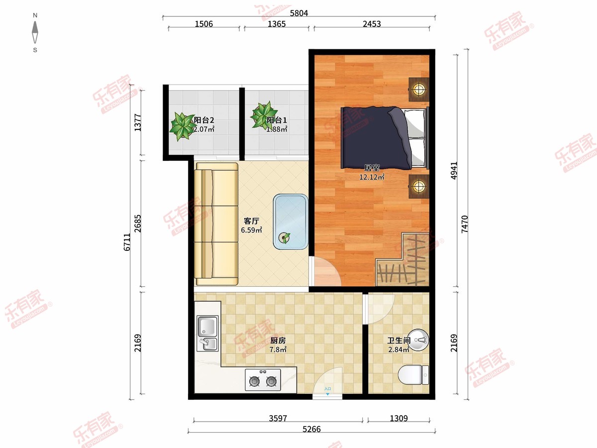 新塘地铁口北普装2室1厅48.48m²